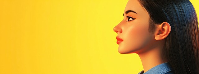 Fototapeta premium 3D Cartoon Portrait of a Beautiful Young Woman in Profile on a Bright Yellow Background Wearing a Denim Top