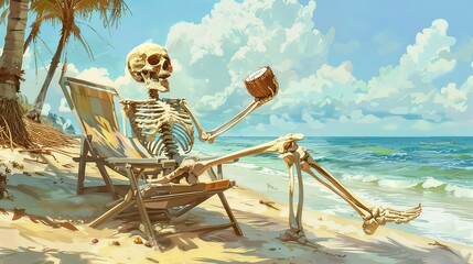 A skeletal figure relaxes in a beach chair, holding a coconut and gazing towards the ocean with a palm tree in the background.