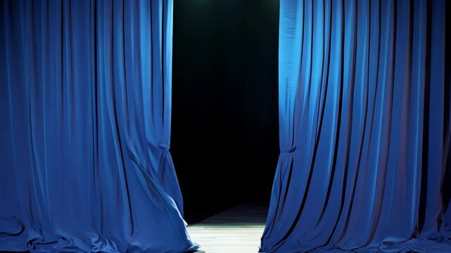 Blue theatre curtains open onto a dark stage.