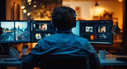 Obraz premium Man Wearing Headphones Working on Computer at Night