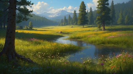 Obraz premium Illustration charming river between green meadows and forests
