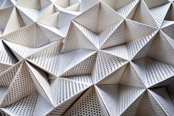 Angular creases and precision cuts create a mesh of interconnected white planes, rendered in metallic foil for a modern and futuristic aesthetic.
