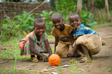 Three children are playing with a ball in a dirt field