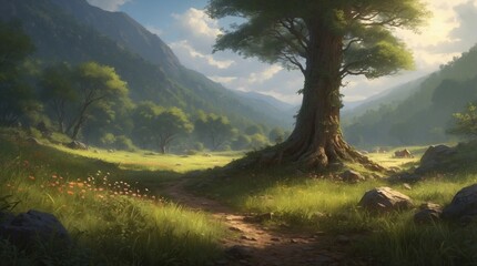 Wallpaper illustration of the sun stretching over meadows and mountains