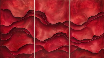 Create a set of three abstract wall art panels featuring vibrant red flowing textures. Each panel should display a dynamic and rich texture with fluid, vivid red patterns