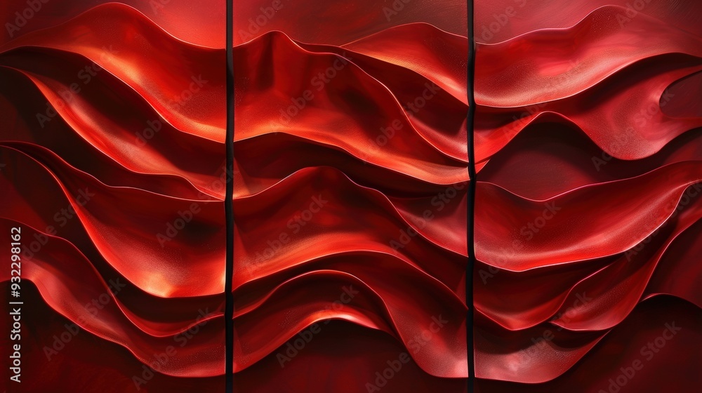 Wall mural Craft an abstract triptych of wall art panels with vibrant red textures in flowing patterns. Each panel should present a unique red design with smooth, dynamic movement