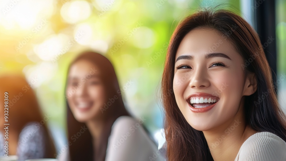 Canvas Prints A woman with long brown hair is smiling and looking at the camera