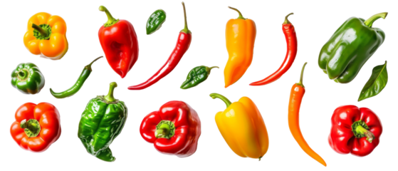 Set of isolated yellow, red, green, orange, pointed and bell peppers. on transparent background. cut elements, designs. Top view high quality PNG. design elements, top view flat lay.