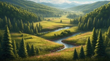 Obraz premium Illustration charming river between green meadows and forests