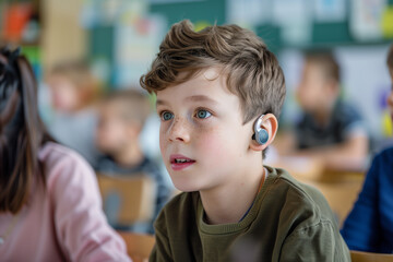 A deaf boy wearing A Hearing Aids And Cochlear Implants, a yellow sweater is sitting in a classroom