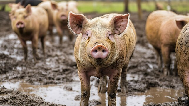 A pink pig stands in a muddy field, looking directly at the camera, with other pigs in the background.