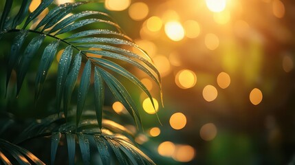 sundappled tropical foliage dreamy beach ambiance golden light filtering through palm fronds bokeh effect summer serenity