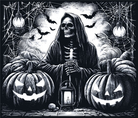 Spooky skeleton in an old torn hooded robe among Halloween pumpkins: vintage woodcut , fog, bats, spider webs