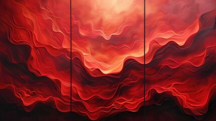 Create a triptych of vibrant red flowing textures for abstract wall art. Each panel should feature fluid, rich red patterns that create a harmonious and striking visual effect