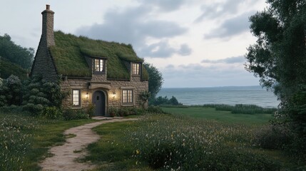 Obraz premium A charming cottage with a grass-covered roof glows warmly at night, nestled on a cliff by the ocean, inviting exploration along a winding path