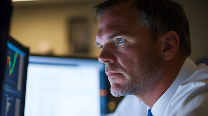 A businessman sits at his desk and looks intently at a computer screen, analyzing data.