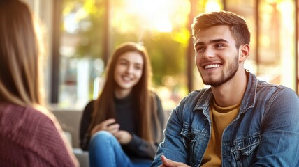 A man with a beard and a yellow shirt is smiling at two women