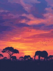 Fototapeta premium A herd of elephants strolls through the savanna as a stunning sunset paints the sky with hues of orange, purple, and pink. Generative AI