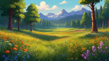 Illustration as a fairy tale beautiful flowers on a summer meadow