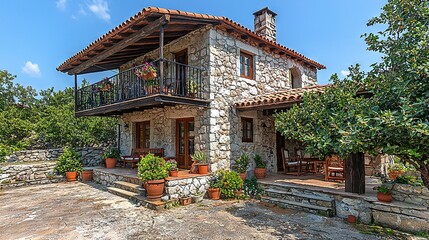 Fototapeta premium A well-maintained stone house boasts lush potted plants flanking its path, while a classic stone walkway welcomes visitors to its entrance (31 tokens