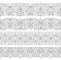 Set of border ornaments in classical baroque style. Seamless pattern. Black and white printable template for design, decoration, fabric, tiles, embroidery, wallpaper. Monochrome vector illustration.