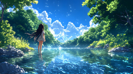 Fototapeta premium A young woman stands in a calm river, surrounded by lush greenery and a bright blue sky.