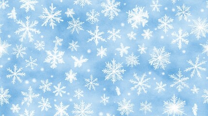 White snowflakes on a plain white or blue background, highlighting their unique symmetrical patterns. SEAMLESS PATTERN.