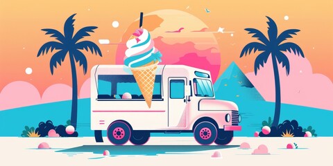 Create an engaging logo for a charming ice cream truck business that reflects the vibe of sunlit beaches and combines the innovation of AI Digital Art in the design.