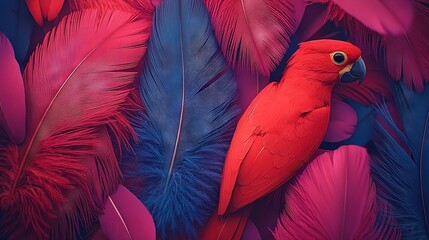 Obraz premium Red Parrot atop Red & Blue Feathers
