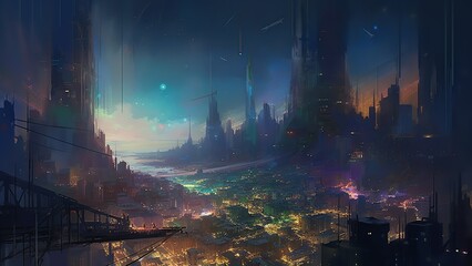 Future metropolis at nightfall.