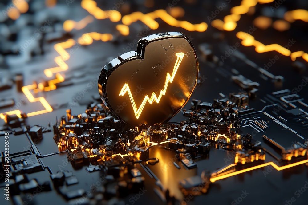 Poster an innovative design featuring a glowing heart with an upward trend graph, symbolizing growth and he