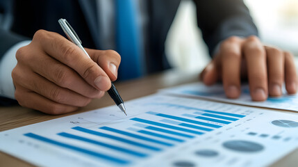 Closeup of a businessman's hand analyzing a bar chart and a pie chart.