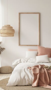 Empty wooden frame on wall in kids' room with pastel colors and cozy bed, modern decor