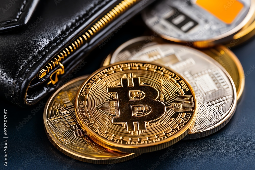 Poster close-up of a cryptocurrency wallet featuring golden bitcoin coins and digital currency. ideal for f