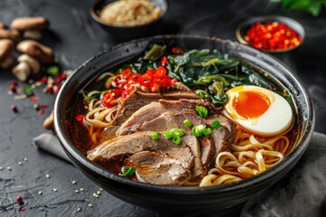 Delicious Ramen Bowl with Meat, Egg and Vegetables