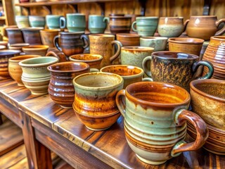 Artisanal pottery coffee cups boast textured clay and earthy hues, imbuing each sip with the warmth of handmade craftsmanship and the natural beauty of the earthy tones.