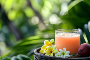 Fototapeta premium Glass of juice with fruit and flowers on a woven tray.