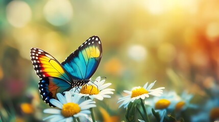 Fototapeta premium Colorful Butterfly Landing on a Bright Flower in a Sunny Garden