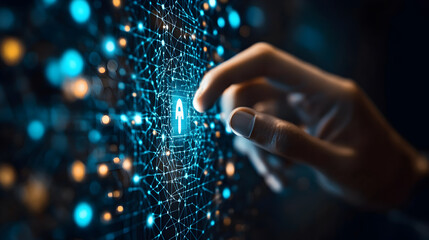 Hand touching a digital network with a security lock icon.