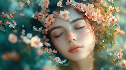 surreal portrait of woman with blooming flowers replacing her hair symbolizing mental growth ethereal garden backdrop with butterflies and soft dreamy lighting
