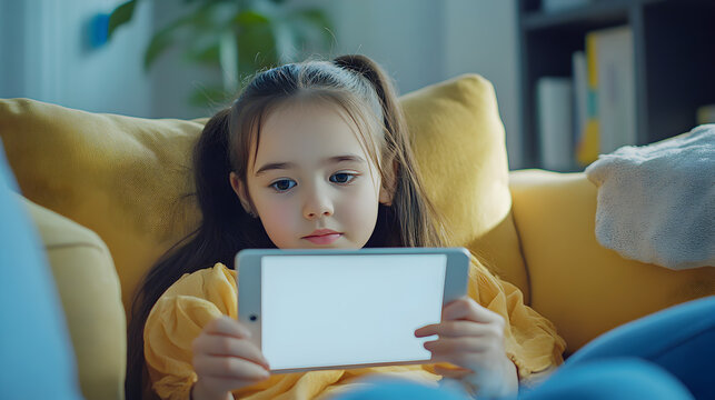 Little girl uses a tablet while sitting on a yellow couch.