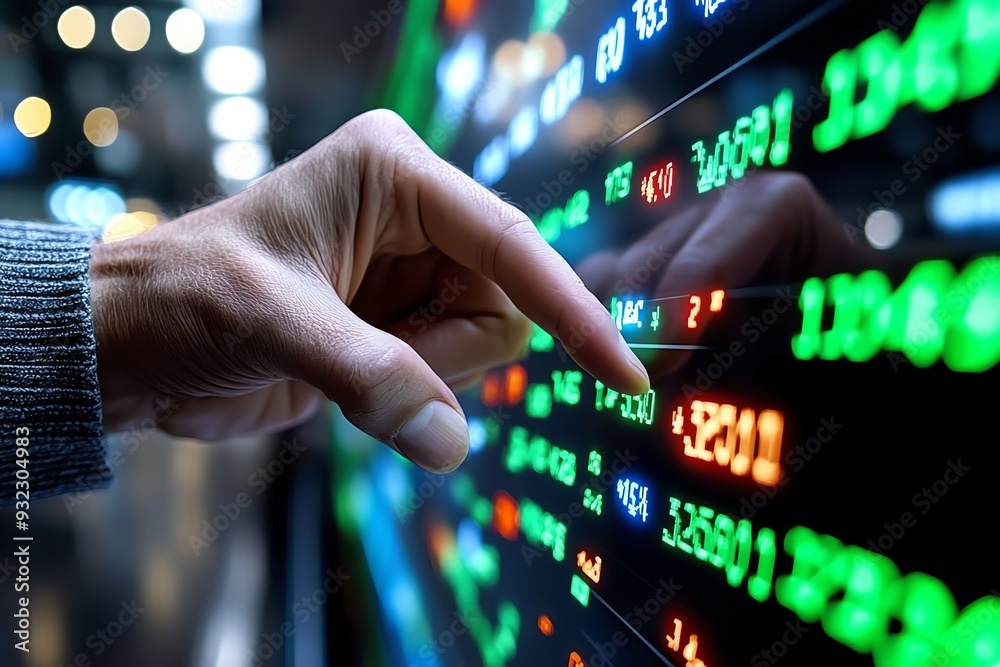 Poster close-up of a hand interacting with a stock market display screen, showcasing financial data and tra