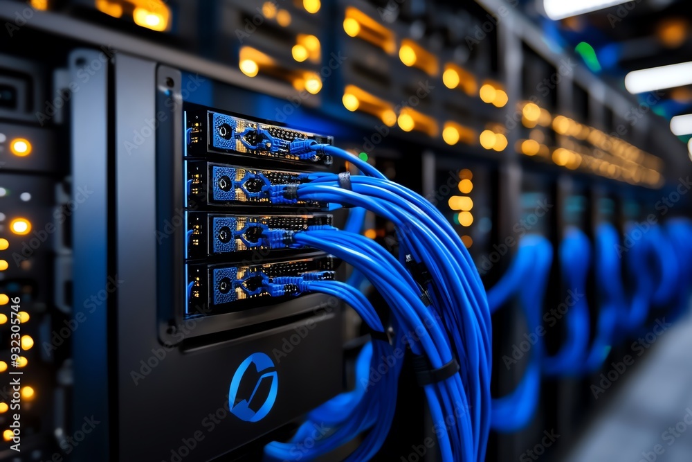 Poster close-up of server equipment with blue cables and illuminated panels, showcasing modern technology a
