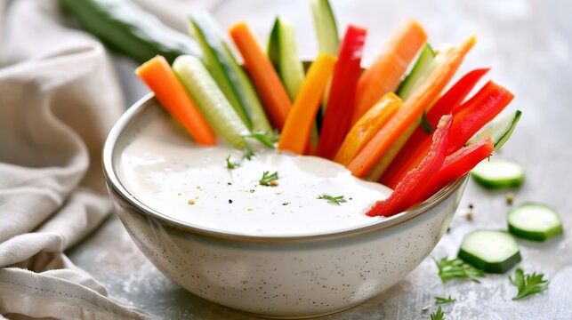 Bowl of creamy ranch dressing served as a dip with fresh vegetable sticks for a light food option
