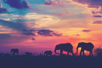 Fototapeta premium Elephants walk gracefully against a colorful sunset, silhouetted by the vibrant hues of the sky in the tranquil savannah. Generative AI