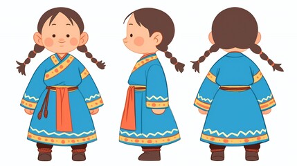 Fototapeta premium Character design sheet of a young girl with braids wearing a traditional blue Mongolian deel shown from three different angles.