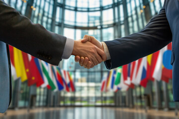 Two business professionals shaking hands in a modern international setting with flags in the background, symbolizing global partnership and diplomacy