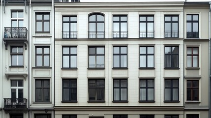 Fototapeta premium The facade showcases light beige stone, black-framed windows, and cladding, framed by autumn foliage and a cobblestone path in the soft glow of the evening sun