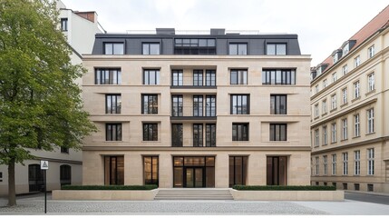 The facade showcases light beige stone, black-framed windows, and cladding, framed by autumn foliage and a cobblestone path in the soft glow of the evening sun