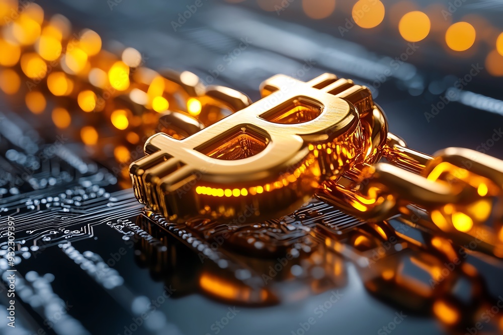 Poster Close-up view of a glowing Bitcoin symbol on a blockchain, symbolizing digital currency and cryptocurrency technology.